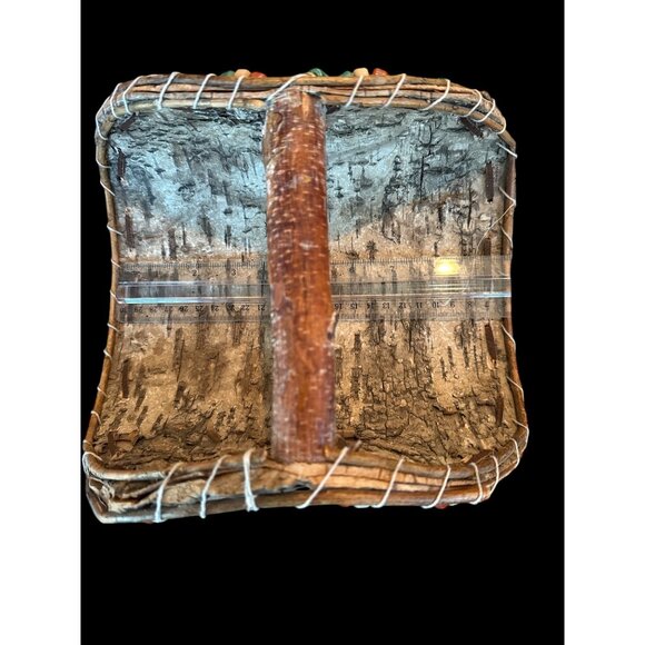 Handcrafted Birch Bark Basket With Beaded Handle & Metal Accent - Picture 4 of 6